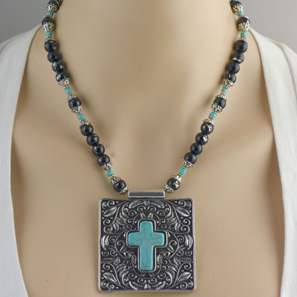 Square Designer Turquoise Cross Necklace Set - Picture 1 of 4